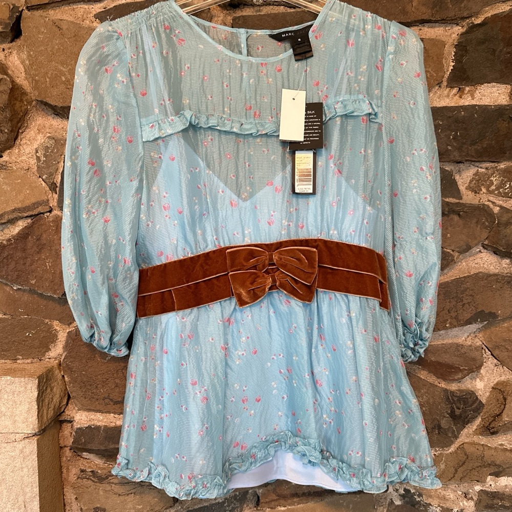 Marc Jacobs Blue floral sheer blouse with velvet bow belt #floral #blouse